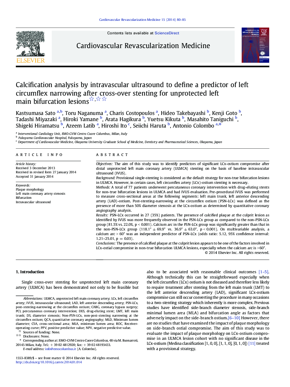 Calcification analysis by intravascular ultrasound to define a predictor of left circumflex narrowing after cross-over stenting for unprotected left main bifurcation lesions