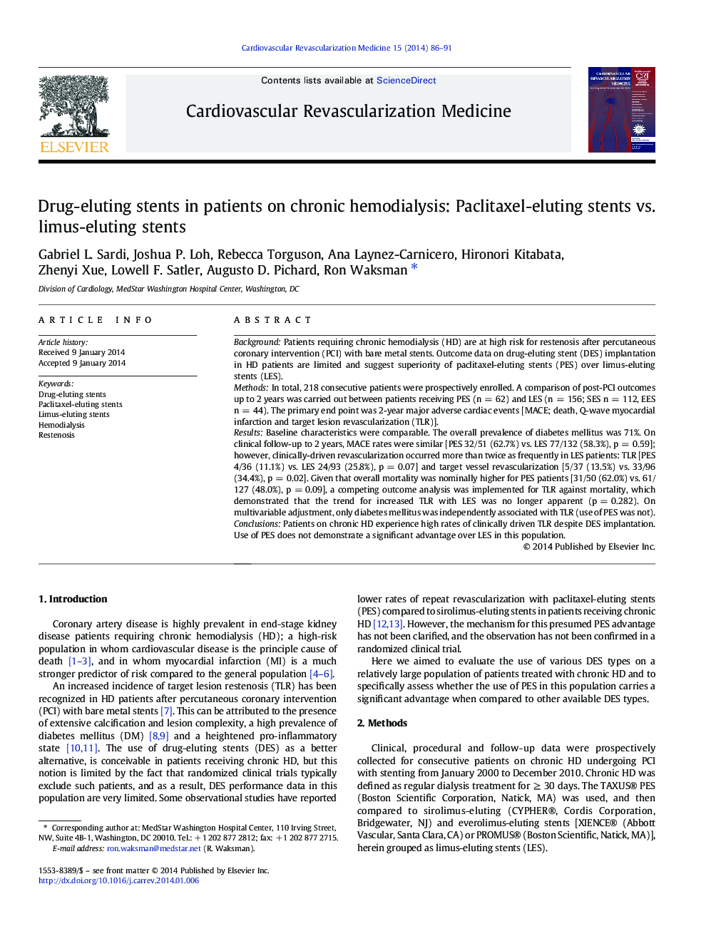 Drug-eluting stents in patients on chronic hemodialysis: Paclitaxel-eluting stents vs. limus-eluting stents