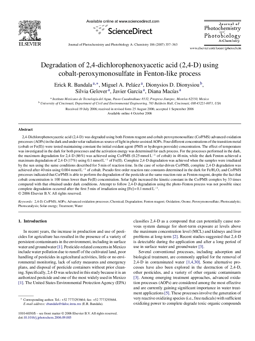 Degradation of 2,4-dichlorophenoxyacetic acid (2,4-D) using cobalt-peroxymonosulfate in Fenton-like process