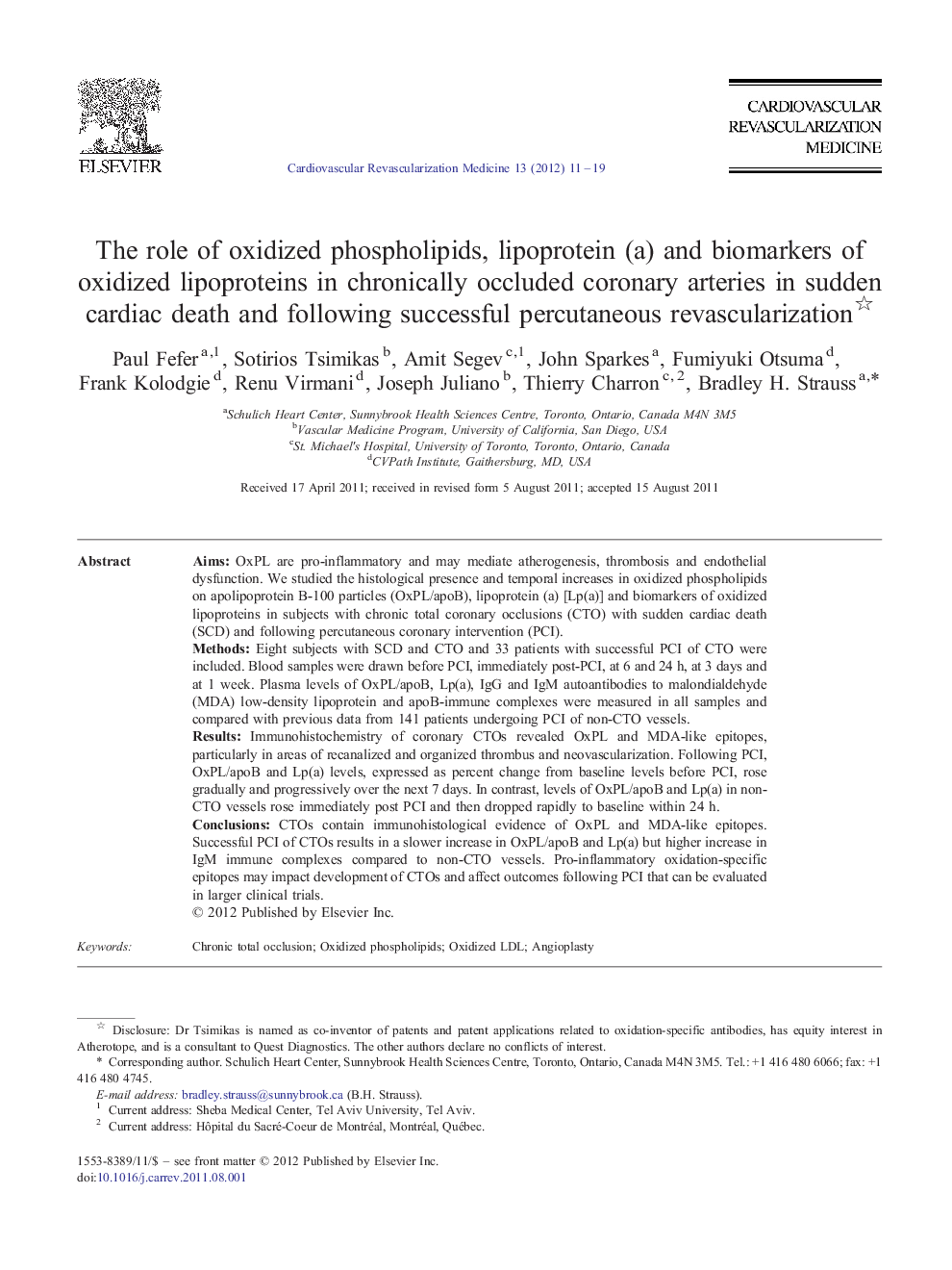 The role of oxidized phospholipids, lipoprotein (a) and biomarkers of oxidized lipoproteins in chronically occluded coronary arteries in sudden cardiac death and following successful percutaneous revascularization 