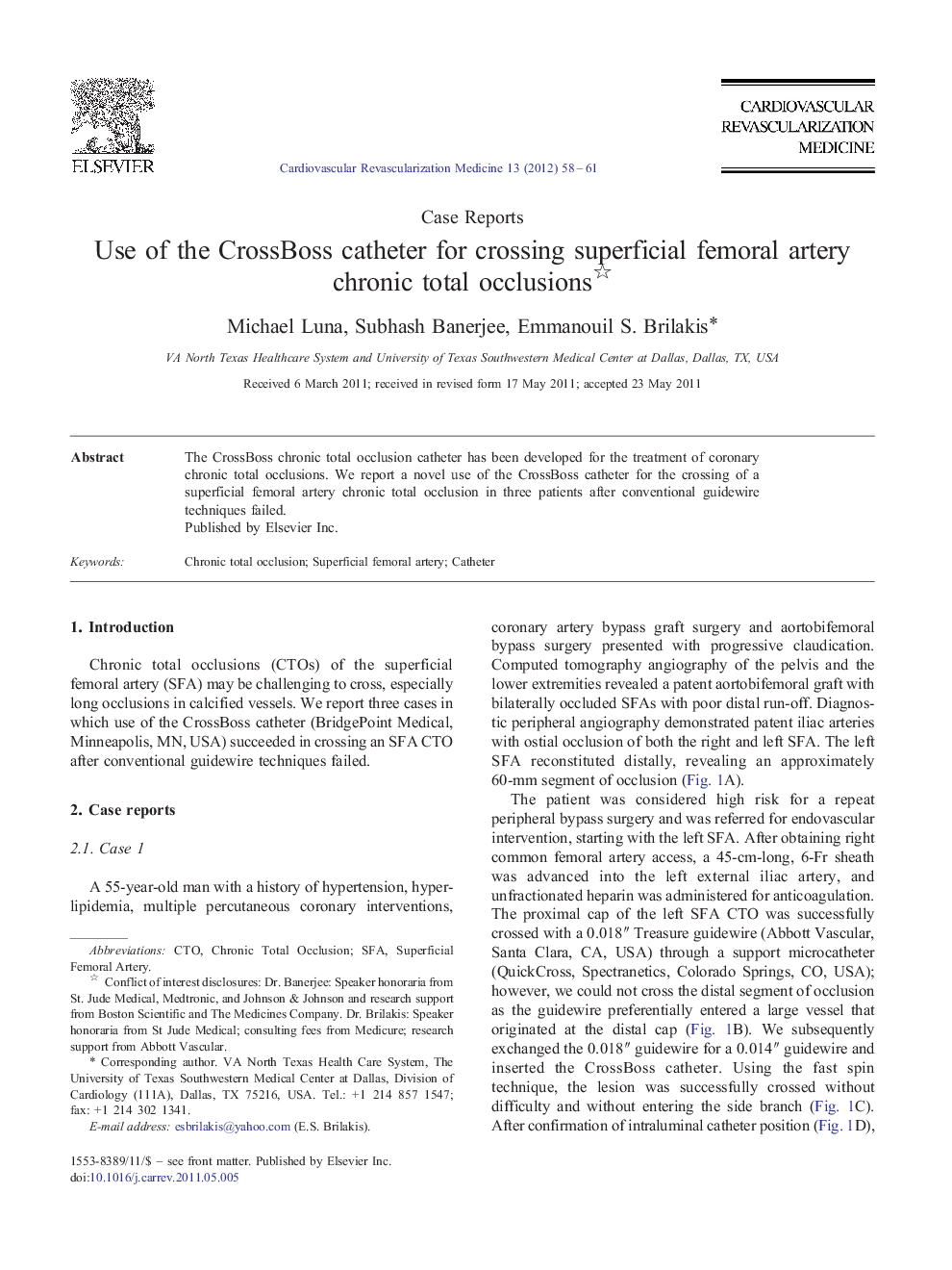 Use of the CrossBoss catheter for crossing superficial femoral artery chronic total occlusions 