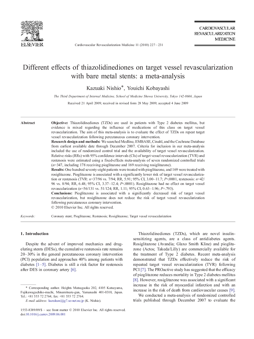 Different effects of thiazolidinediones on target vessel revascularization with bare metal stents: a meta-analysis