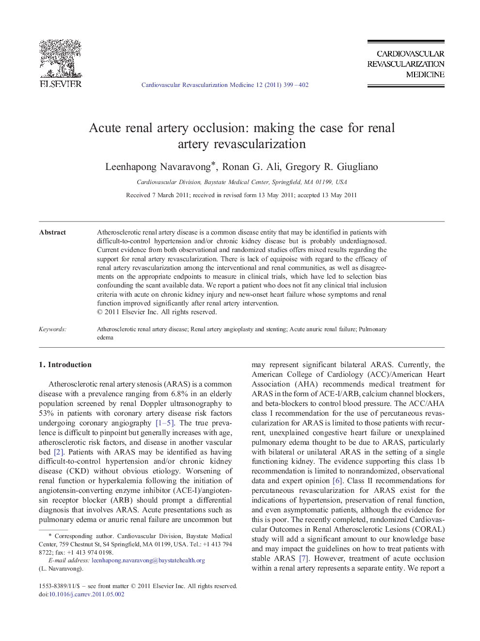 عکس صفحه اول مقاله: Acute renal artery occlusion: making the case for renal artery revascularization Acute renal artery occlusion: making the case for renal artery revascularization