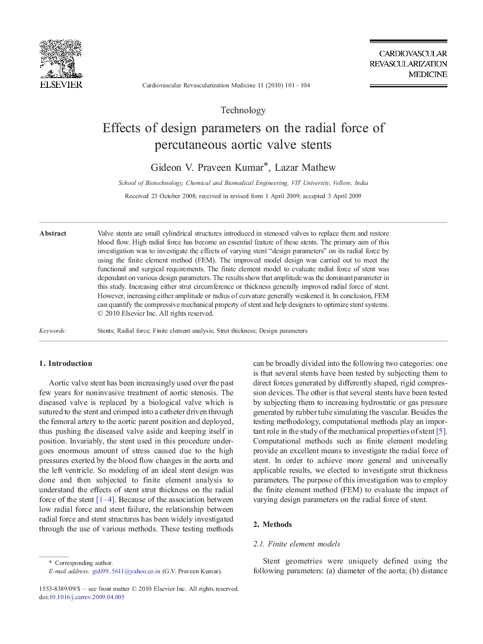 Effects of design parameters on the radial force of percutaneous aortic valve stents