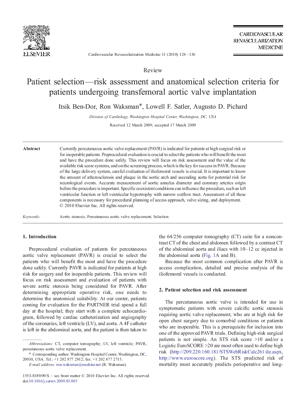 Patient selection—risk assessment and anatomical selection criteria for patients undergoing transfemoral aortic valve implantation