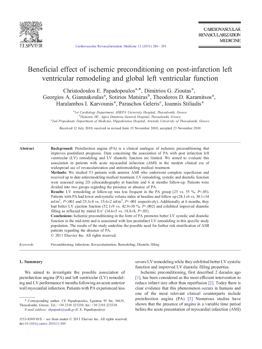 Beneficial effect of ischemic preconditioning on post-infarction left ventricular remodeling and global left ventricular function