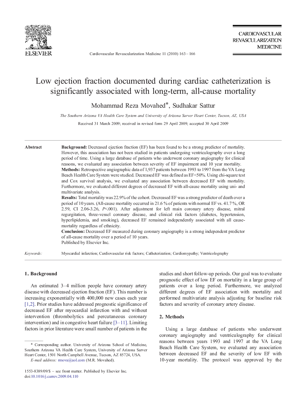 Low ejection fraction documented during cardiac catheterization is significantly associated with long-term, all-cause mortality