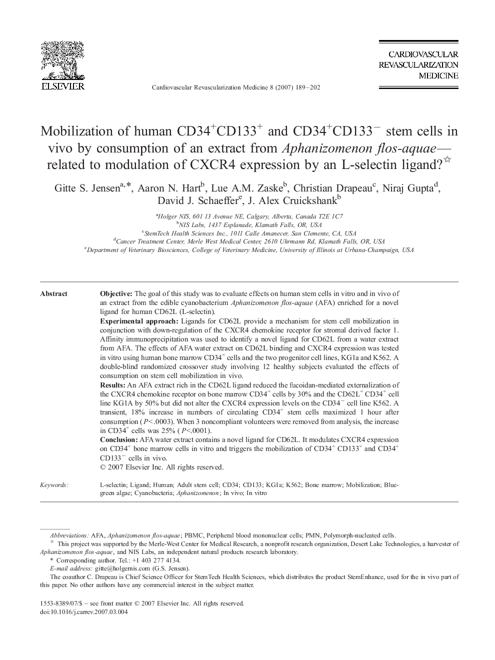 Mobilization of human CD34+CD133+ and CD34+CD133− stem cells in vivo by consumption of an extract from Aphanizomenon flos-aquae—related to modulation of CXCR4 expression by an L-selectin ligand? 