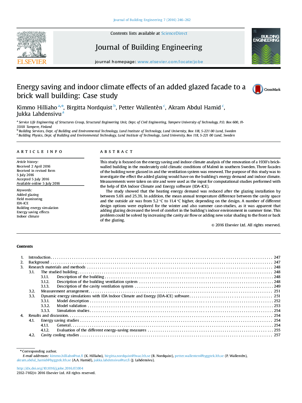 Energy saving and indoor climate effects of an added glazed facade to a brick wall building: Case study