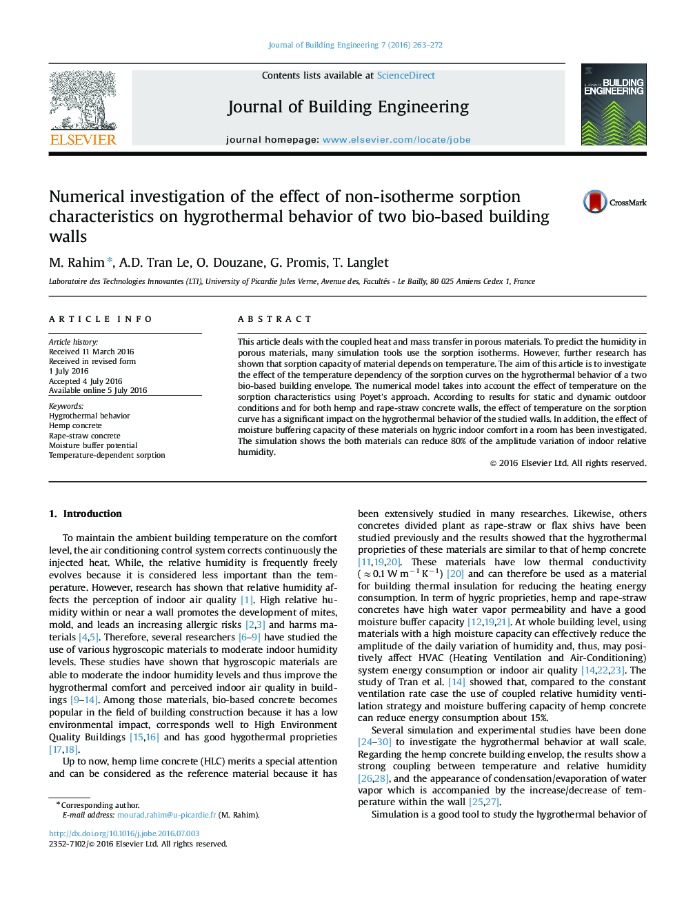 Numerical investigation of the effect of non-isotherme sorption characteristics on hygrothermal behavior of two bio-based building walls