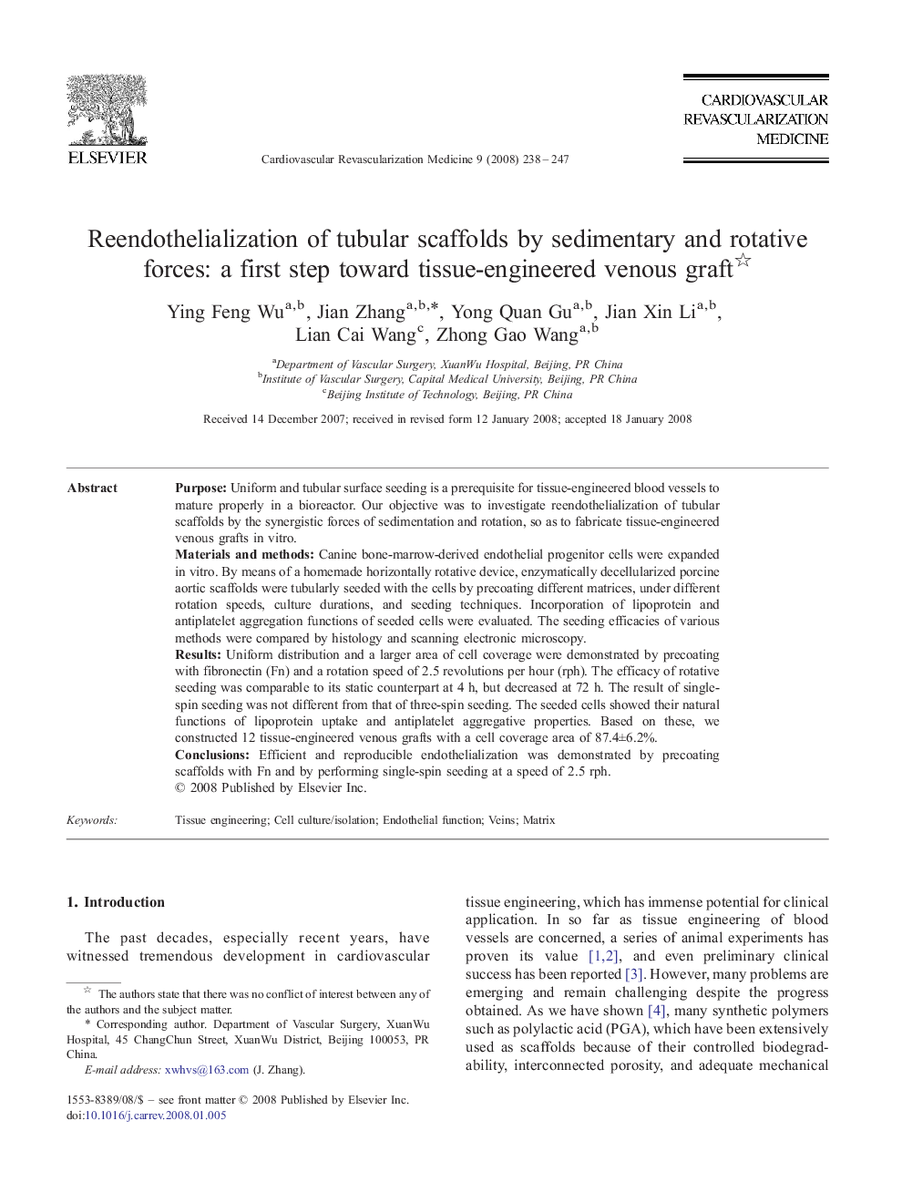 Reendothelialization of tubular scaffolds by sedimentary and rotative forces: a first step toward tissue-engineered venous graft 