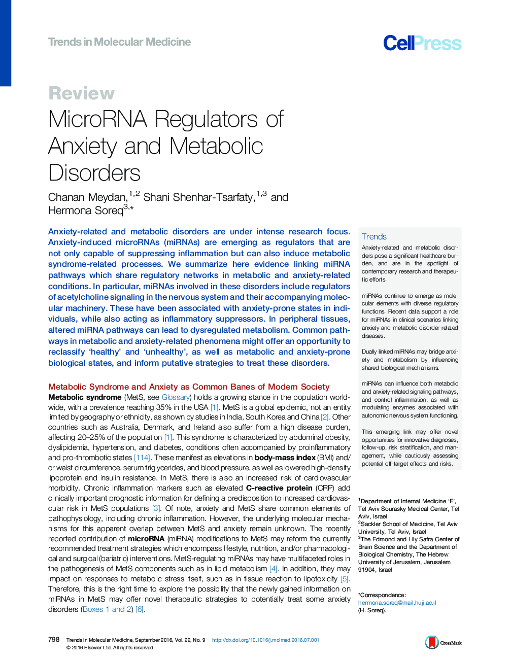 MicroRNA Regulators of Anxiety and Metabolic Disorders