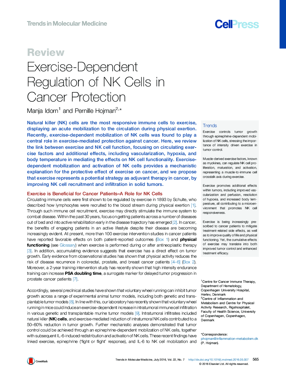 Exercise-Dependent Regulation of NK Cells in Cancer Protection