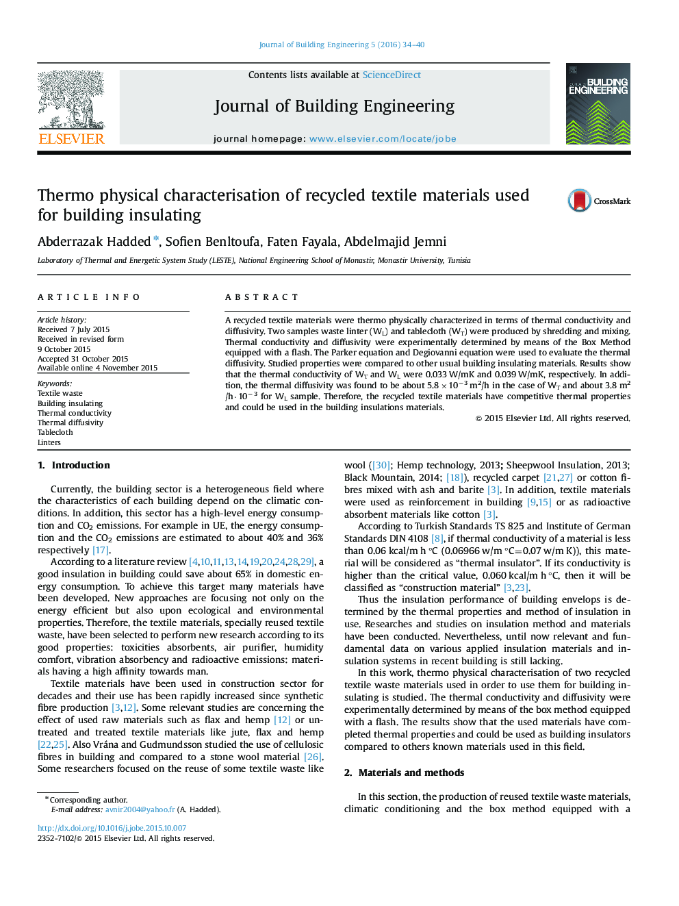 Thermo physical characterisation of recycled textile materials used for building insulating