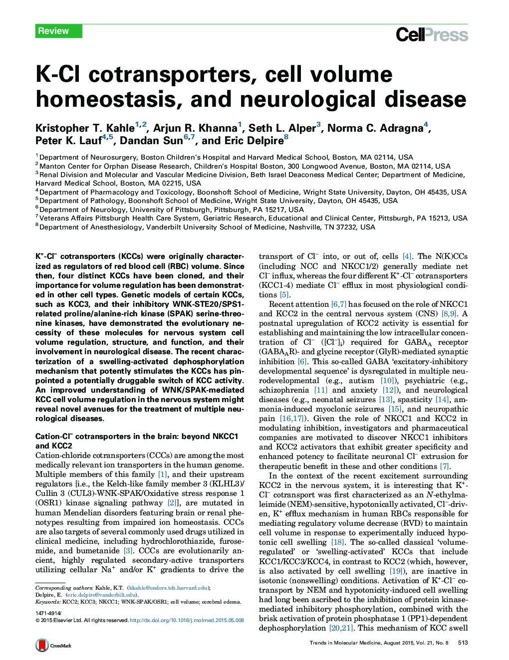 K-Cl cotransporters, cell volume homeostasis, and neurological disease