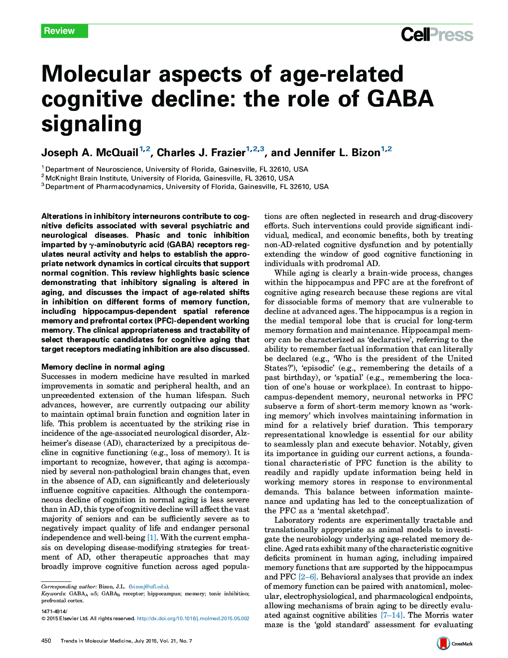 Molecular aspects of age-related cognitive decline: the role of GABA signaling