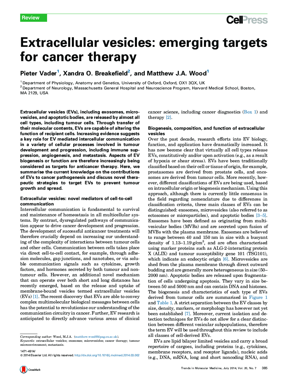 Extracellular vesicles: emerging targets for cancer therapy