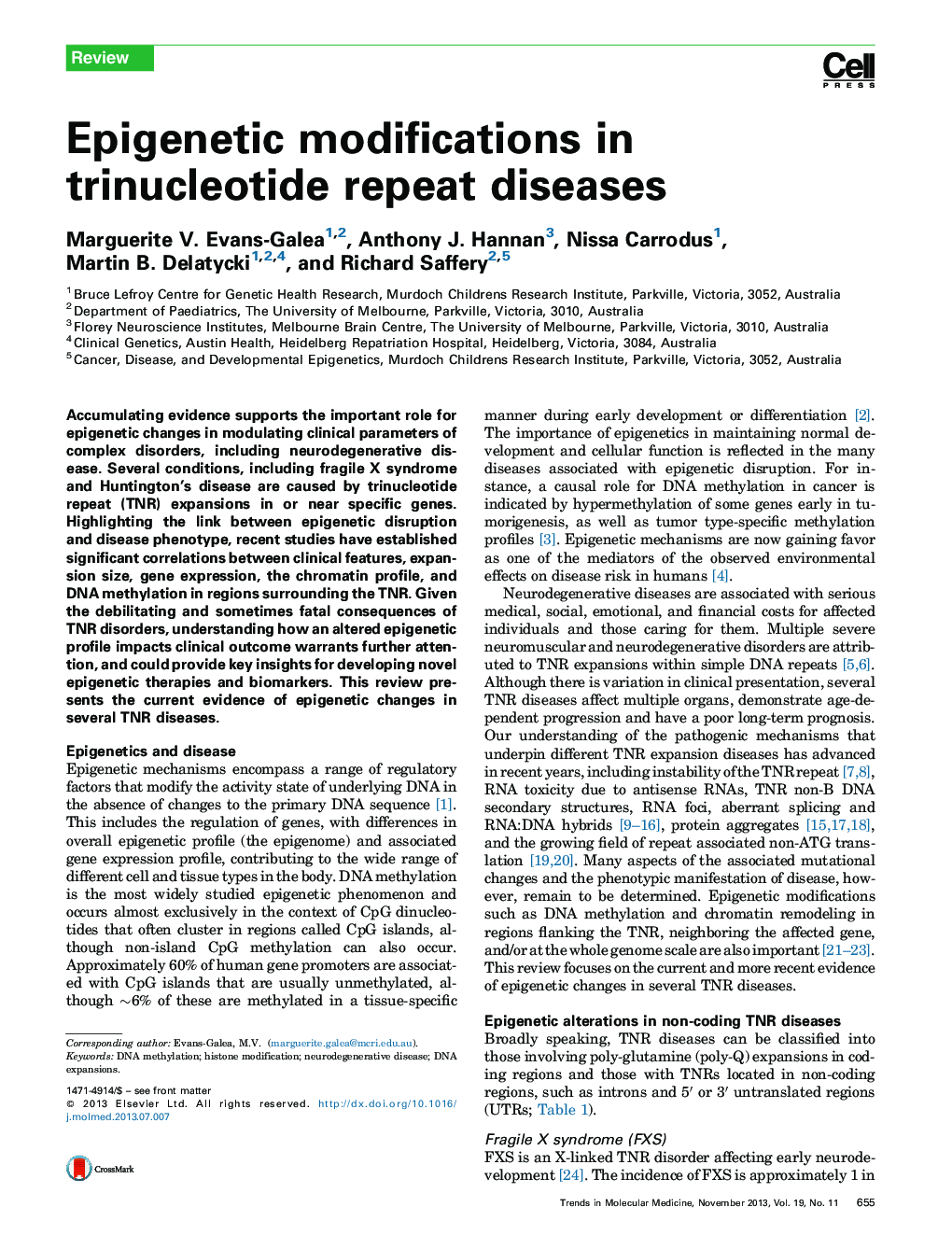 Epigenetic modifications in trinucleotide repeat diseases