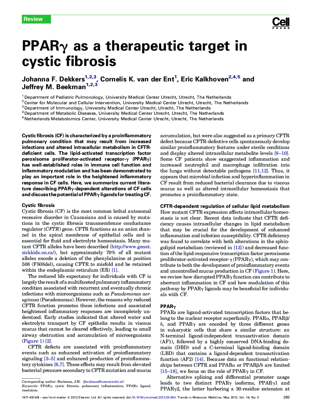 PPARγ as a therapeutic target in cystic fibrosis