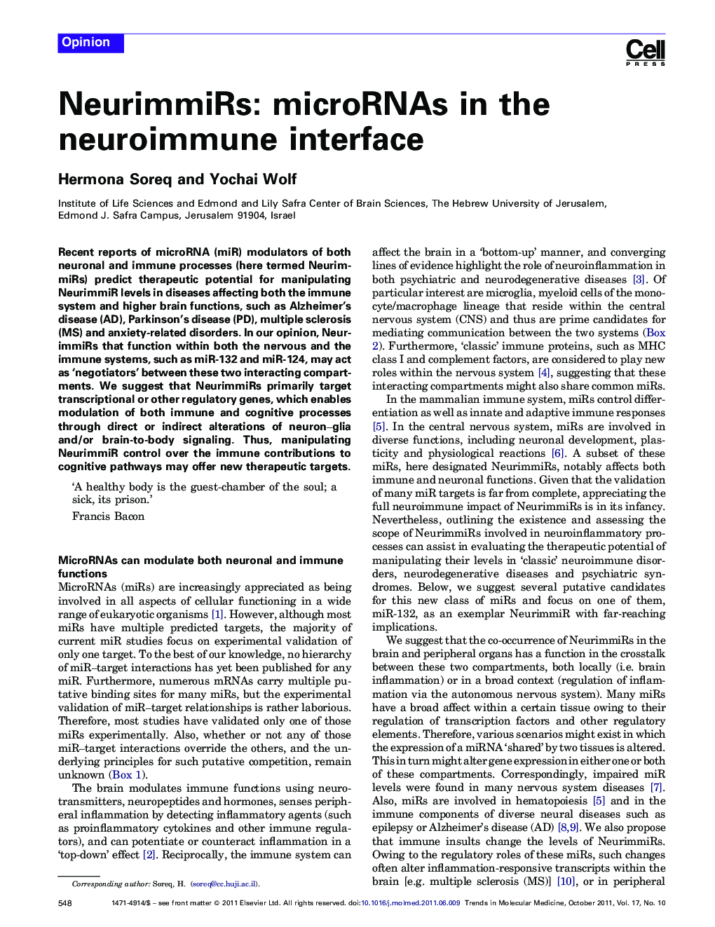 NeurimmiRs: microRNAs in the neuroimmune interface