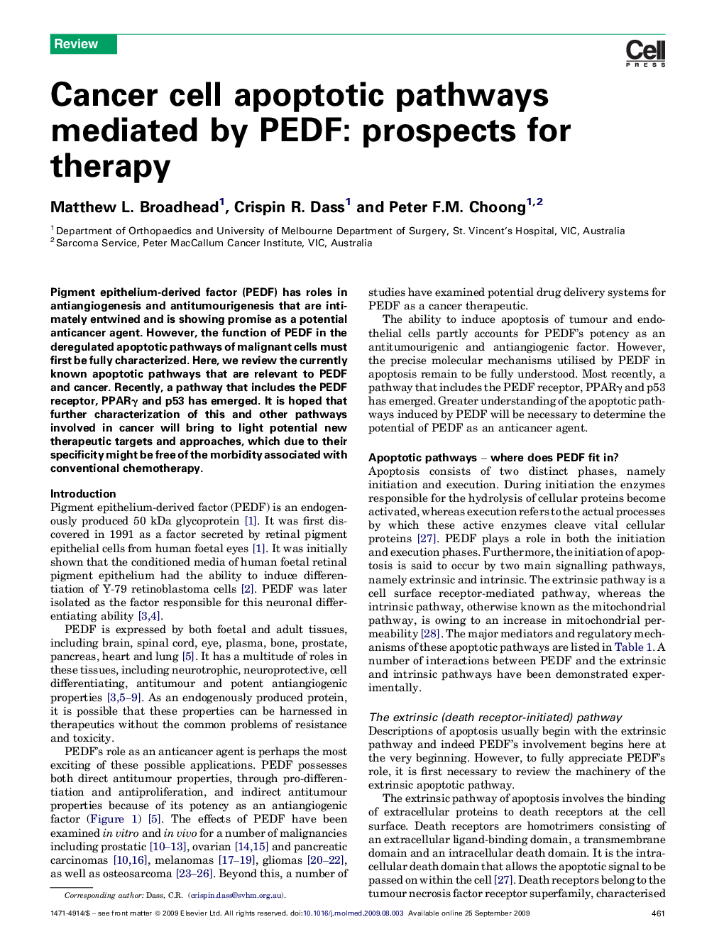 عکس صفحه اول مقاله: Cancer cell apoptotic pathways mediated by PEDF: prospects for therapy Cancer cell apoptotic pathways mediated by PEDF: prospects for therapy