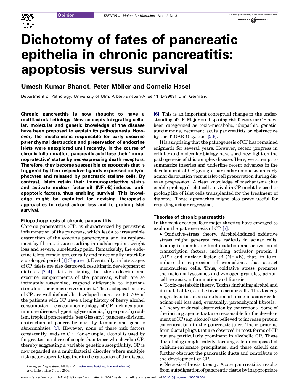 Dichotomy of fates of pancreatic epithelia in chronic pancreatitis: apoptosis versus survival