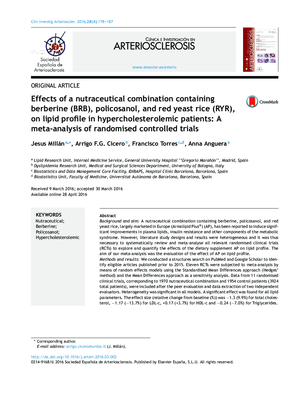 Effects of a nutraceutical combination containing berberine (BRB), policosanol, and red yeast rice (RYR), on lipid profile in hypercholesterolemic patients: A meta-analysis of randomised controlled trials