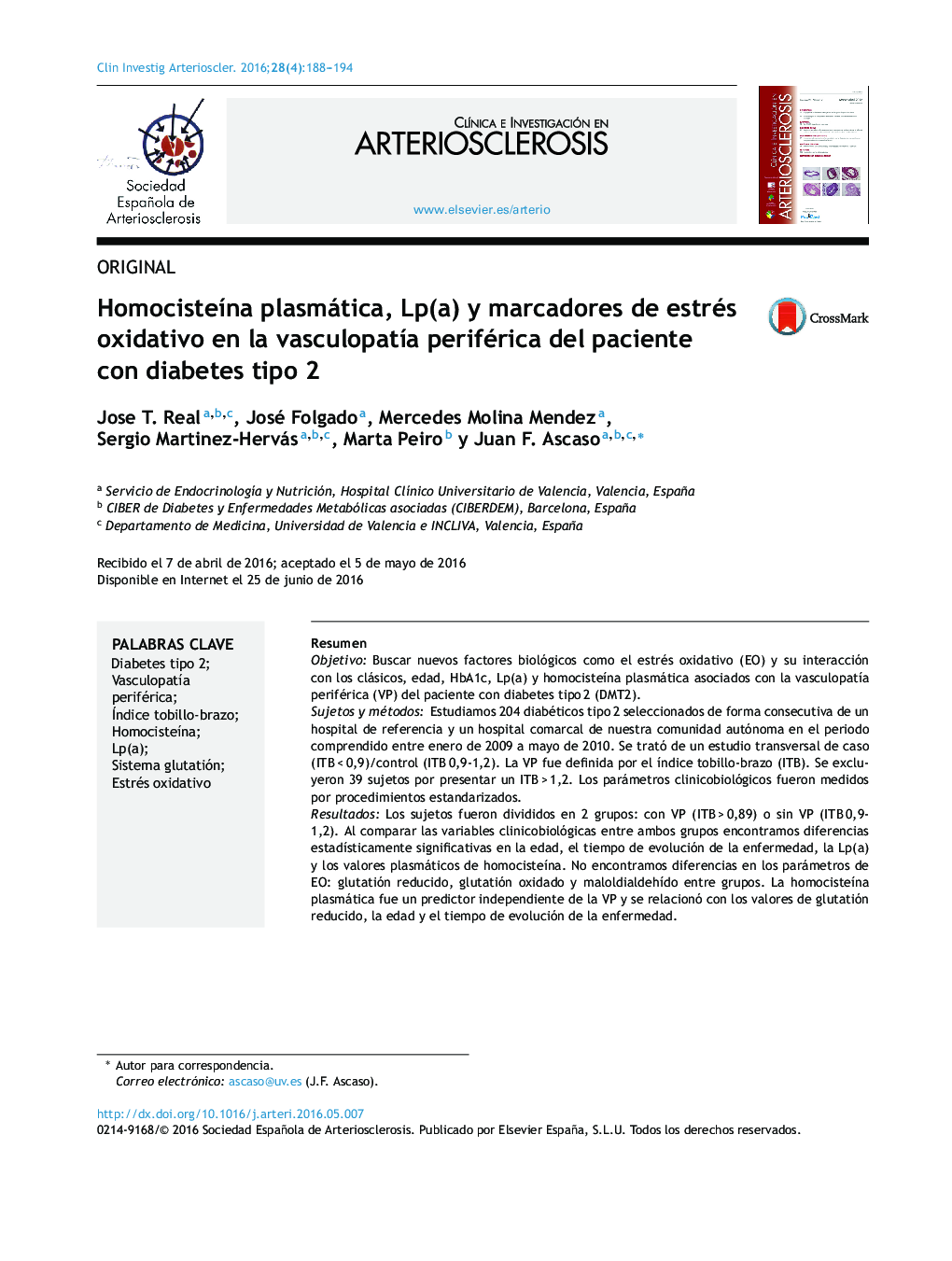 Homocisteína plasmática, Lp(a) y marcadores de estrés oxidativo en la vasculopatía periférica del paciente con diabetes tipo 2