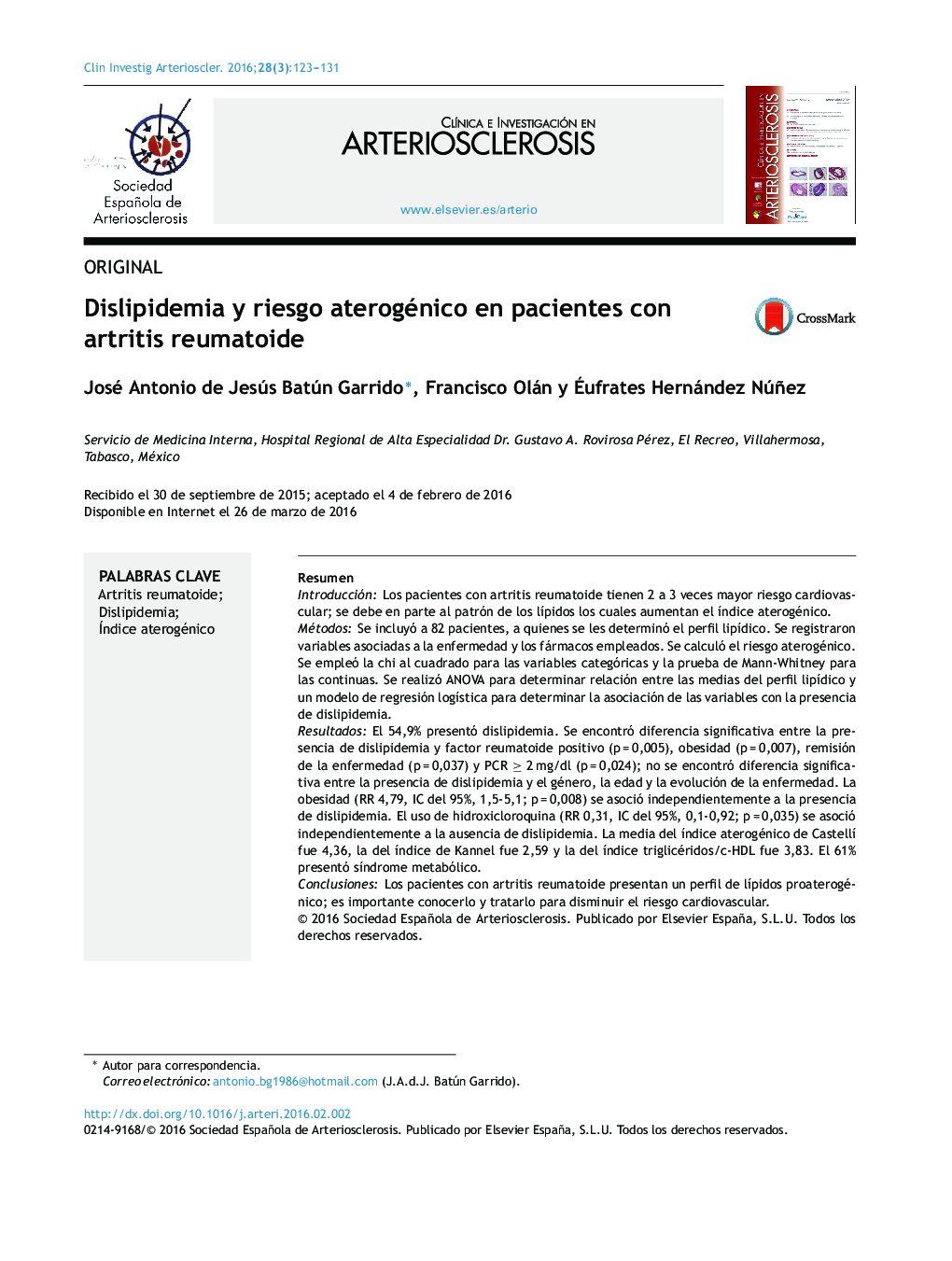 Dislipidemia y riesgo aterogénico en pacientes con artritis reumatoide