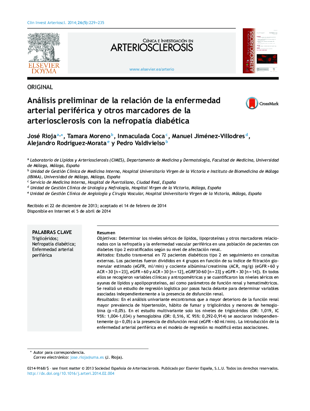 Análisis preliminar de la relación de la enfermedad arterial periférica y otros marcadores de la arteriosclerosis con la nefropatía diabética