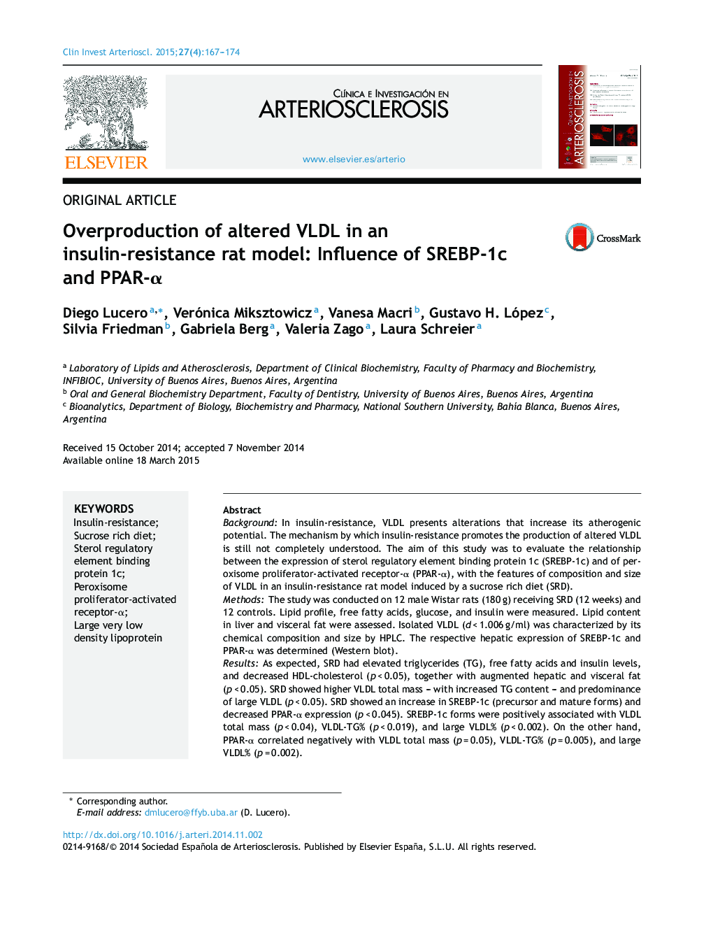 Overproduction of altered VLDL in an insulin-resistance rat model: Influence of SREBP-1c and PPAR-α
