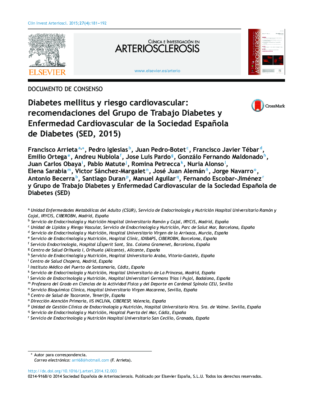 Diabetes mellitus y riesgo cardiovascular: recomendaciones del Grupo de Trabajo Diabetes y Enfermedad Cardiovascular de la Sociedad Española de Diabetes (SED, 2015)