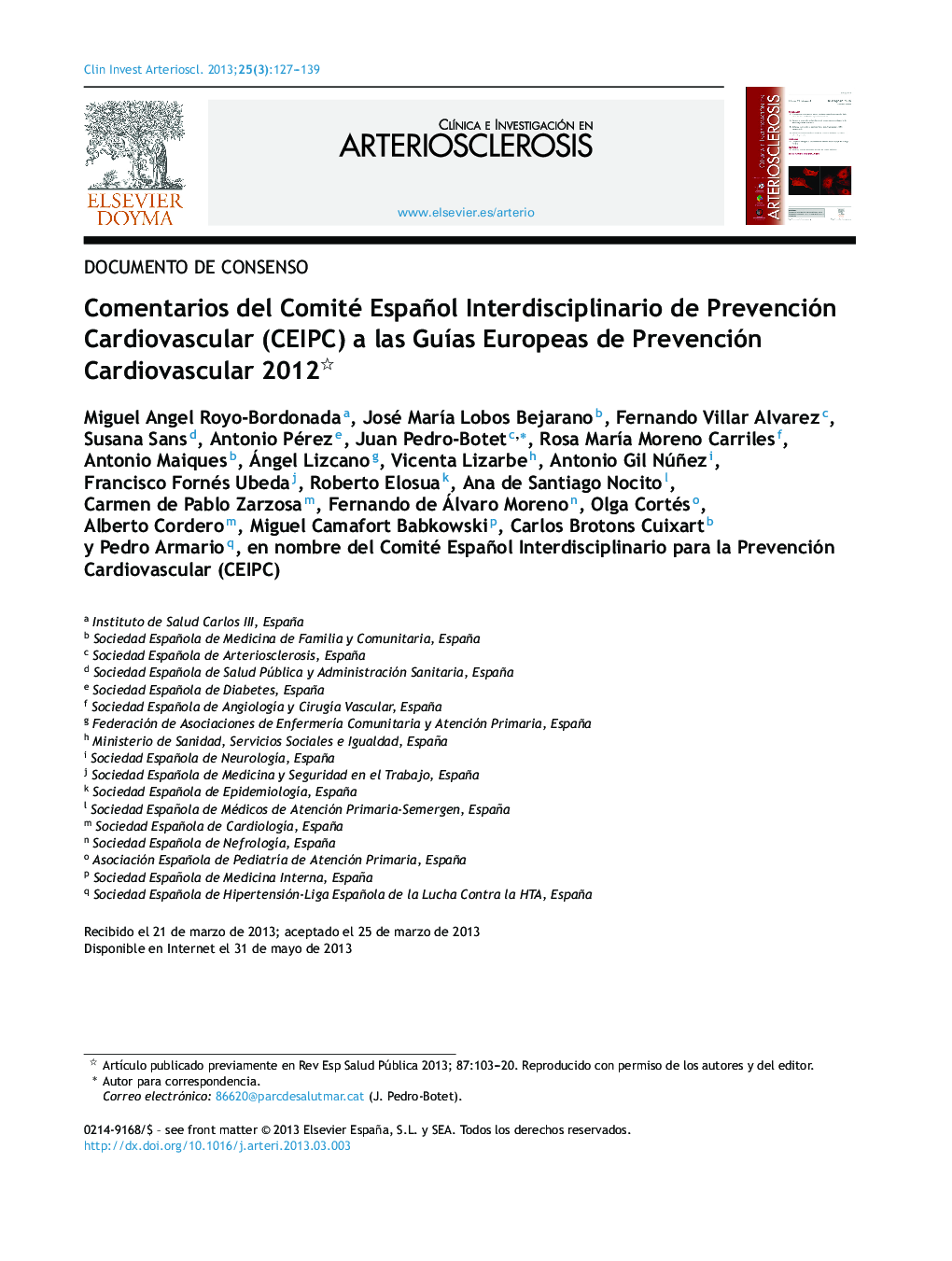 Comentarios del Comité Español Interdisciplinario de Prevención Cardiovascular (CEIPC) a las Guías Europeas de Prevención Cardiovascular 2012 