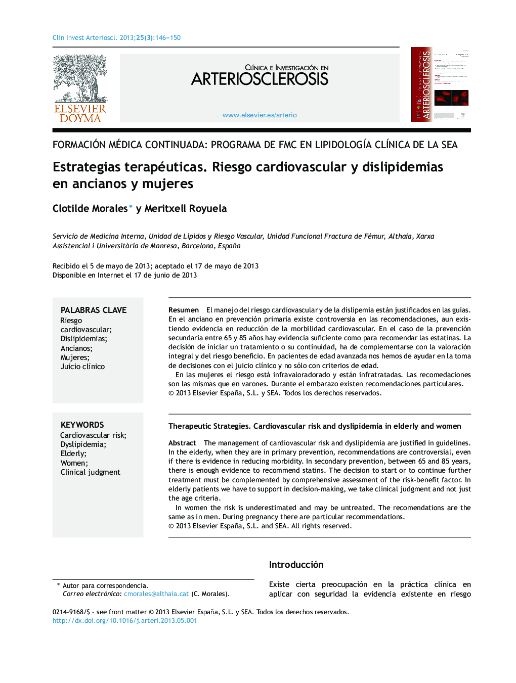 Estrategias terapéuticas. Riesgo cardiovascular y dislipidemias en ancianos y mujeres