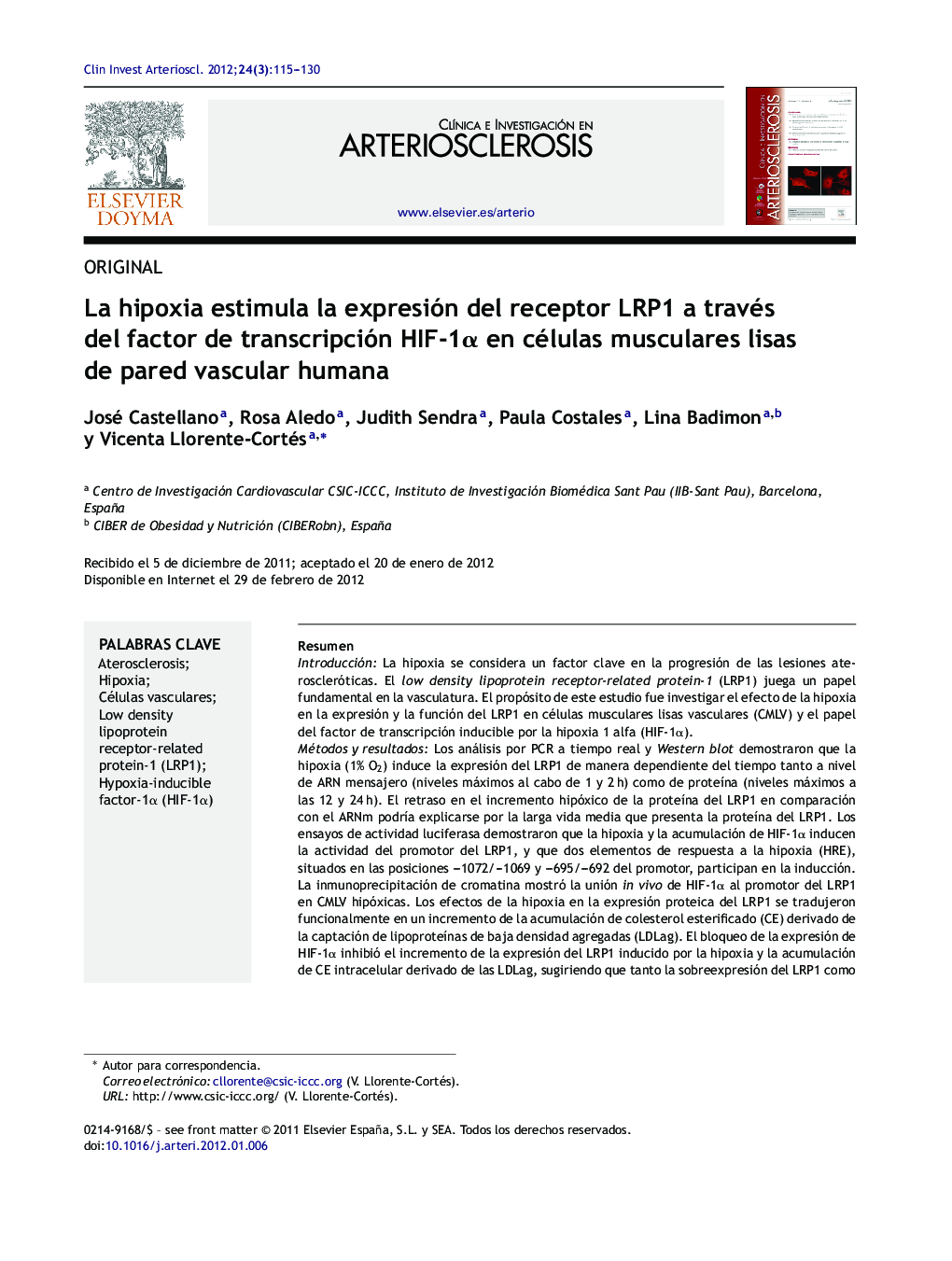 La hipoxia estimula la expresión del receptor LRP1 a través del factor de transcripción HIF-1Î± en células musculares lisas de pared vascular humana