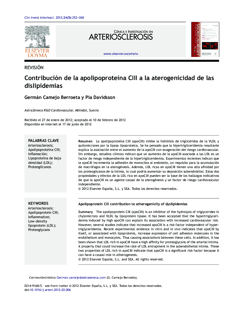 Contribución de la apolipoproteÃ­na CIII a la aterogenicidad de las dislipidemias