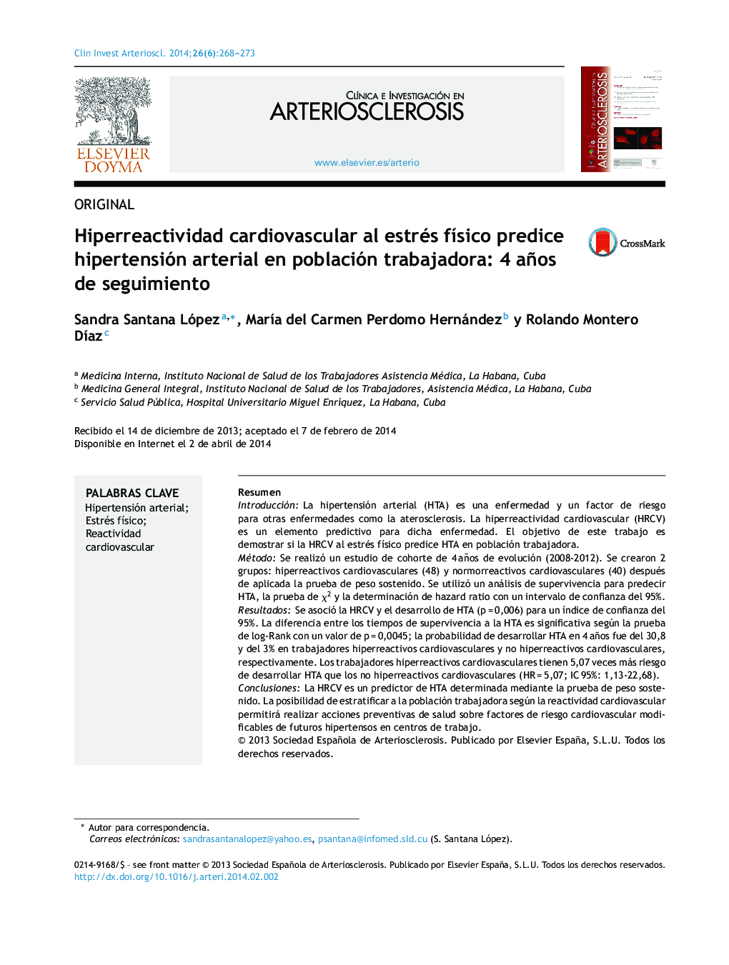 Hiperreactividad cardiovascular al estrés físico predice hipertensión arterial en población trabajadora: 4 años de seguimiento