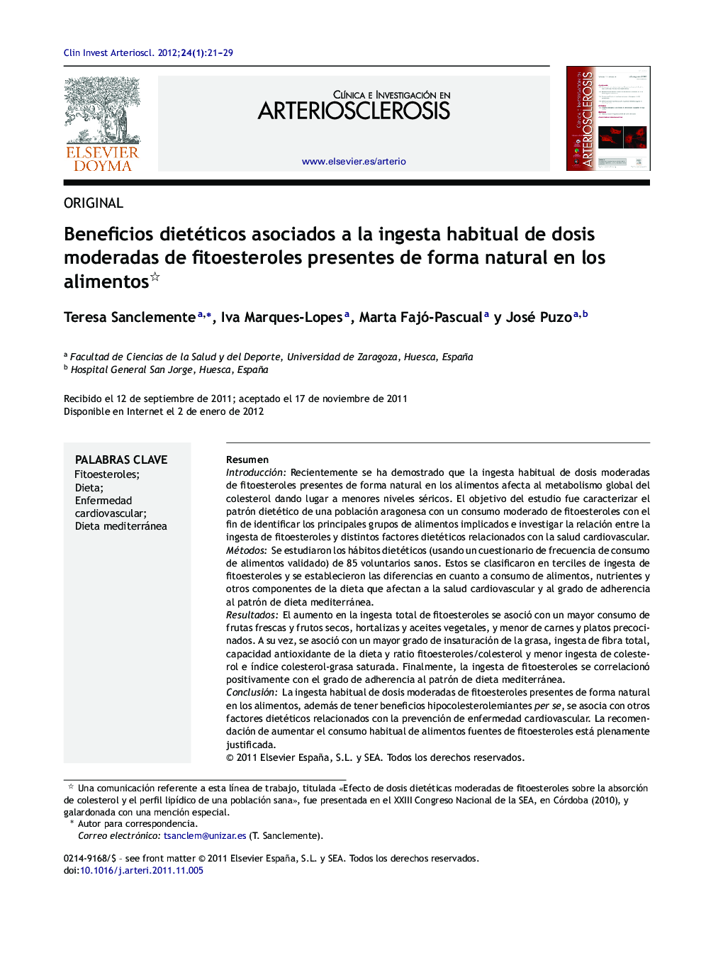 Beneficios dietéticos asociados a la ingesta habitual de dosis moderadas de fitoesteroles presentes de forma natural en los alimentos 