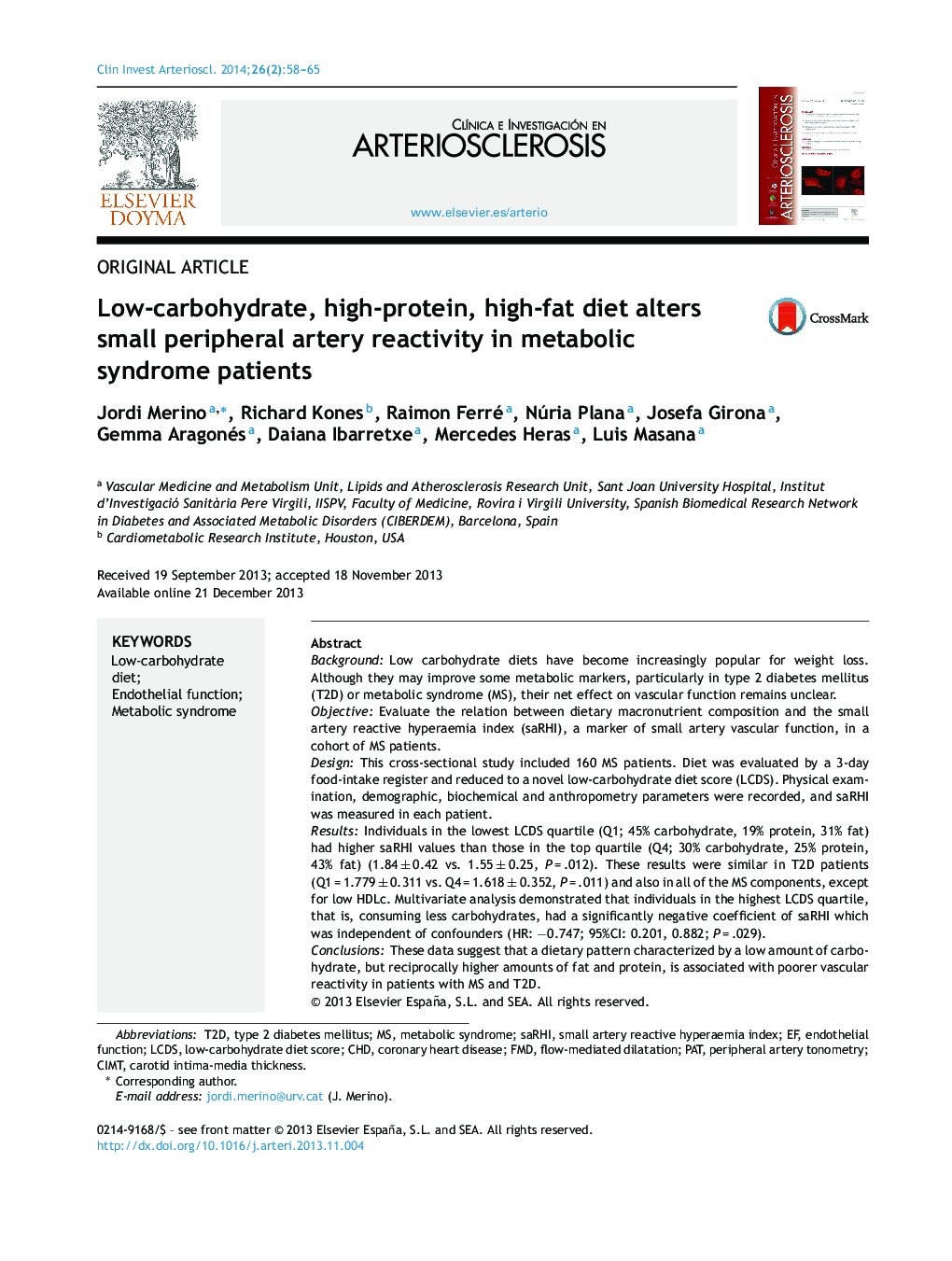 Low-carbohydrate, high-protein, high-fat diet alters small peripheral artery reactivity in metabolic syndrome patients