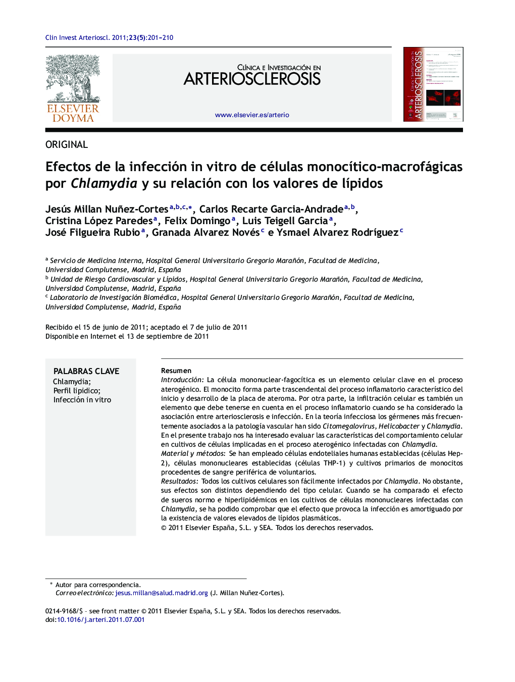 Efectos de la infección in vitro de células monocÃ­tico-macrofágicas por Chlamydia y su relación con los valores de lÃ­pidos