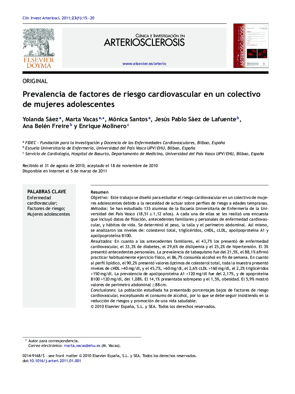 Prevalencia de factores de riesgo cardiovascular en un colectivo de mujeres adolescentes