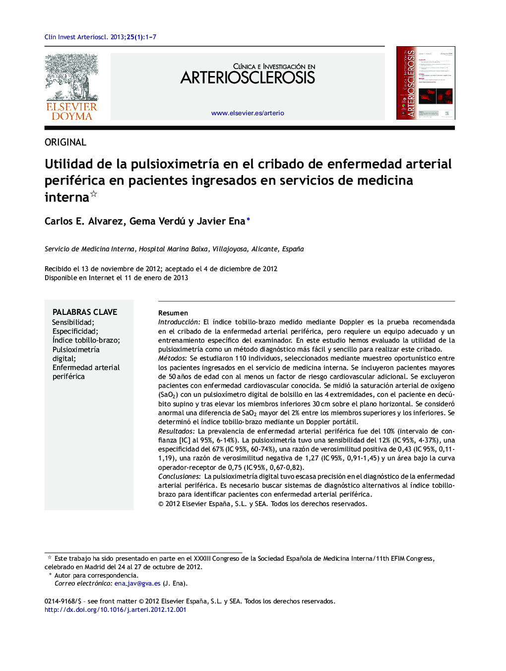 Utilidad de la pulsioximetrÃ­a en el cribado de enfermedad arterial periférica en pacientes ingresados en servicios de medicina interna