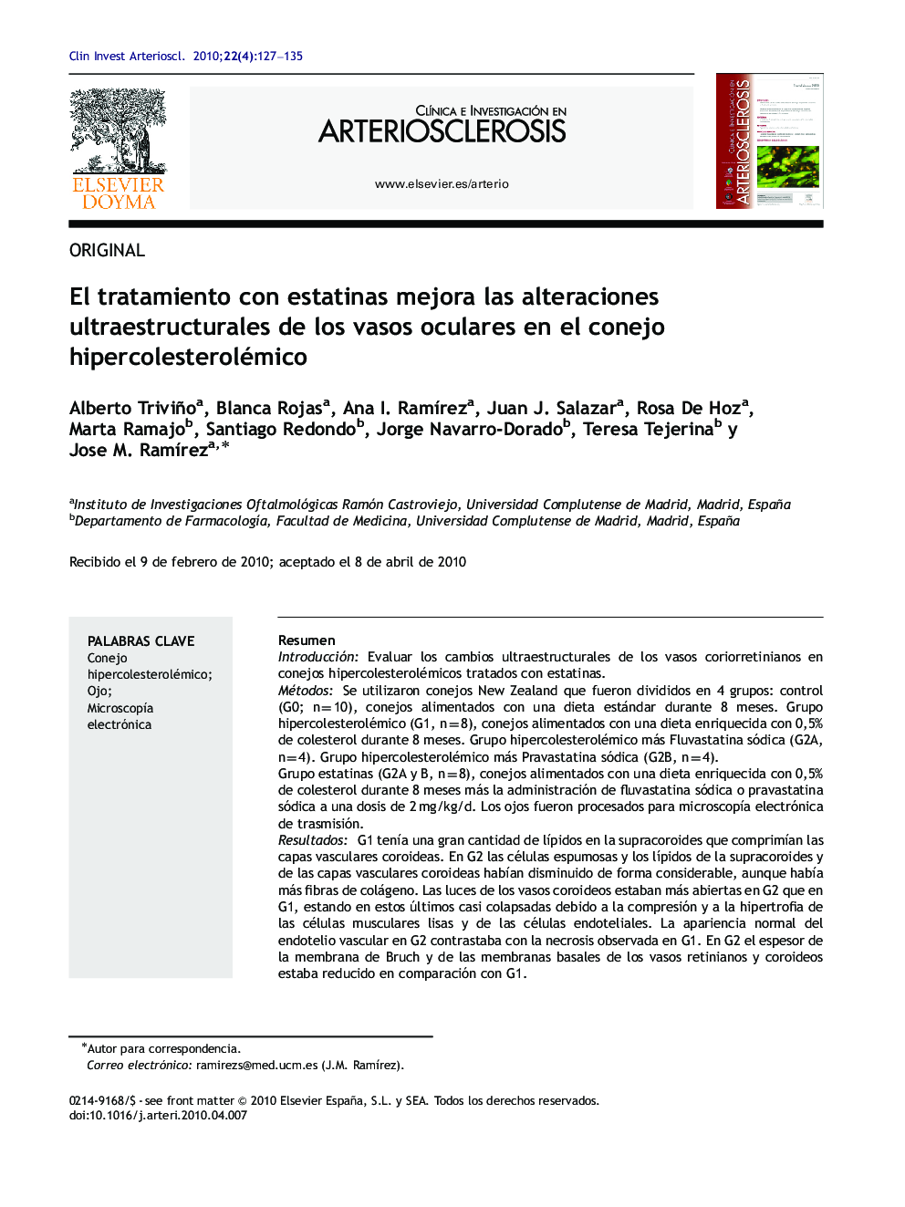 El tratamiento con estatinas mejora las alteraciones ultraestructurales de los vasos oculares en el conejo hipercolesterolémico