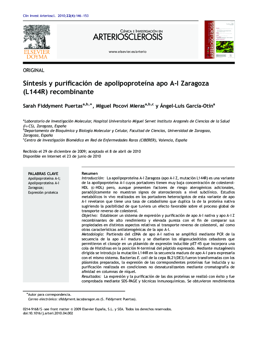 SÃ­ntesis y purificación de apolipoproteÃ­na apo A-I Zaragoza (L144R) recombinante