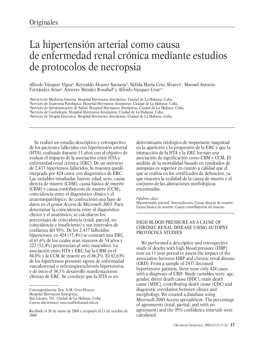 La hipertensión arterial como causa de enfermedad renal crónica mediante estudios de protocolos de necropsia