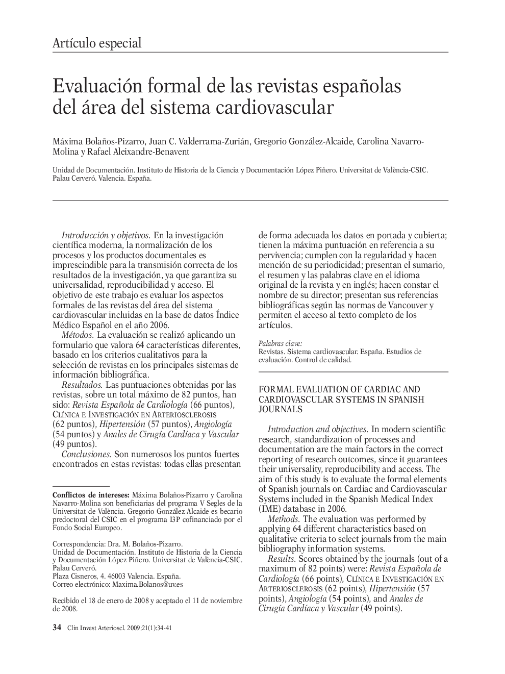 Evaluación formal de las revistas españolas del área del sistema cardiovascular