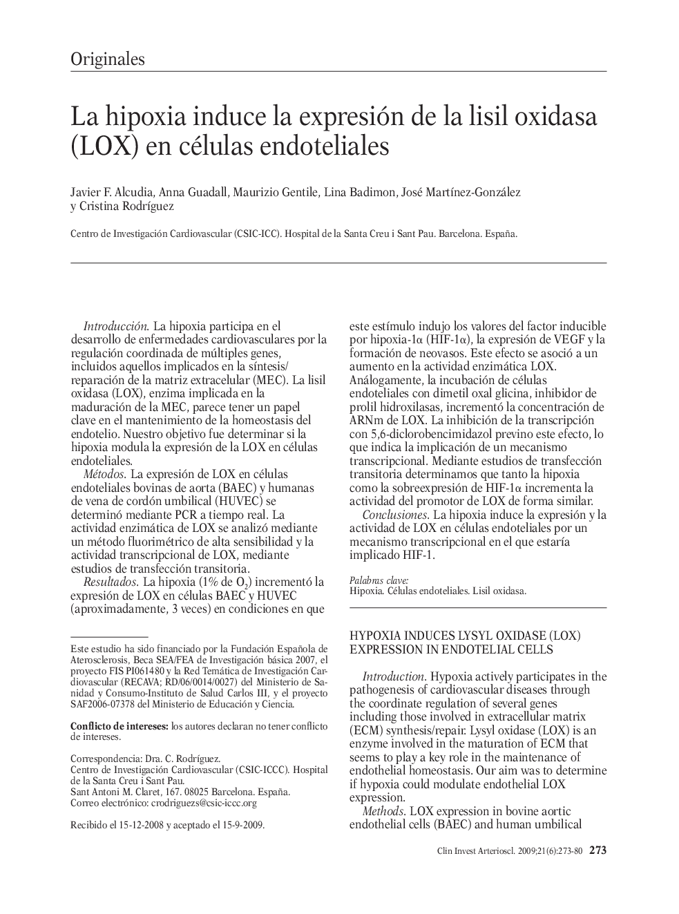 La hipoxia induce la expresión de la lisil oxidasa (LOX) en células endoteliales