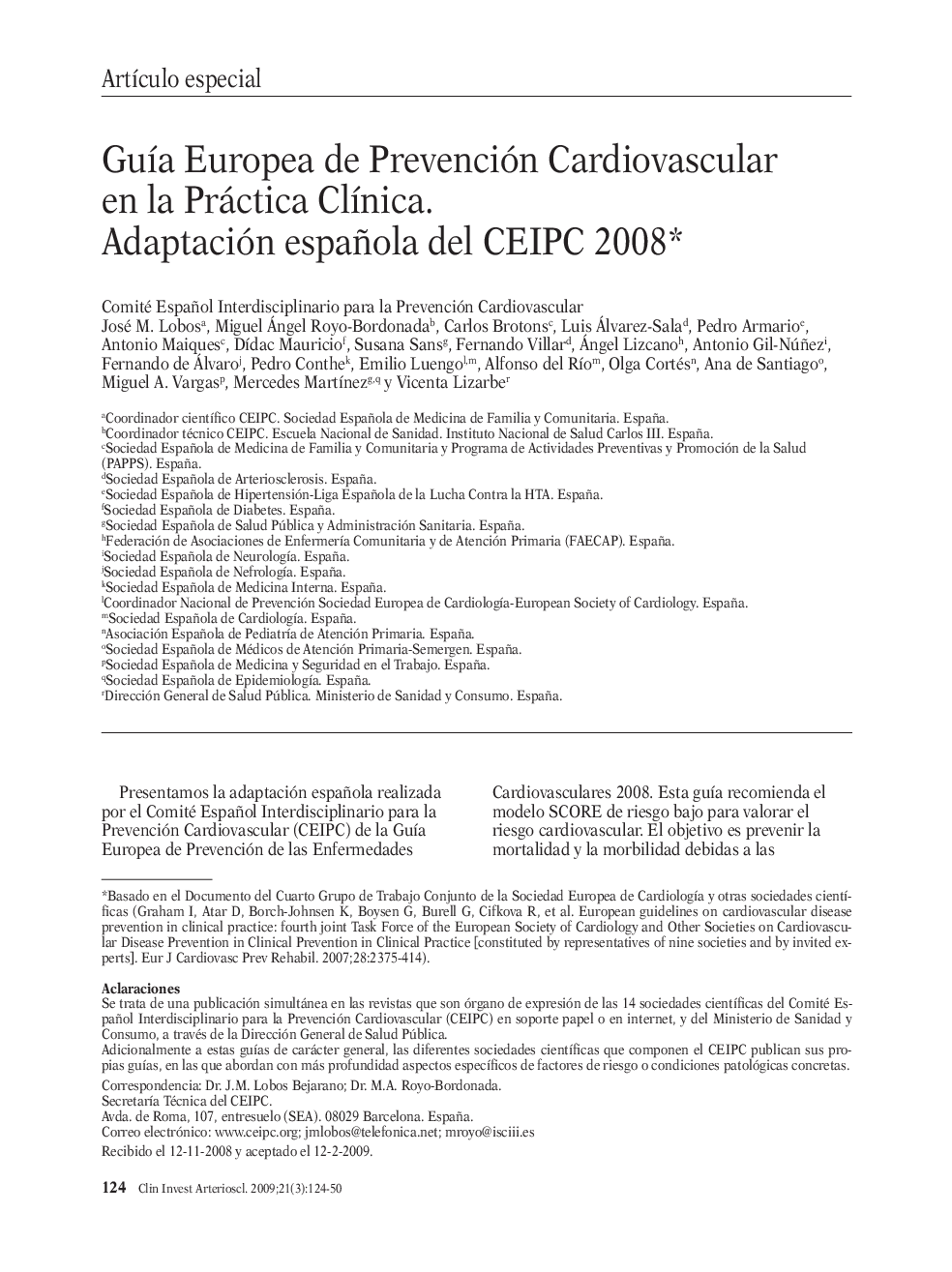 GuÃ­a Europea de Prevención Cardiovascular en la Práctica ClÃ­nica. Adaptación española del CEIPC 2008