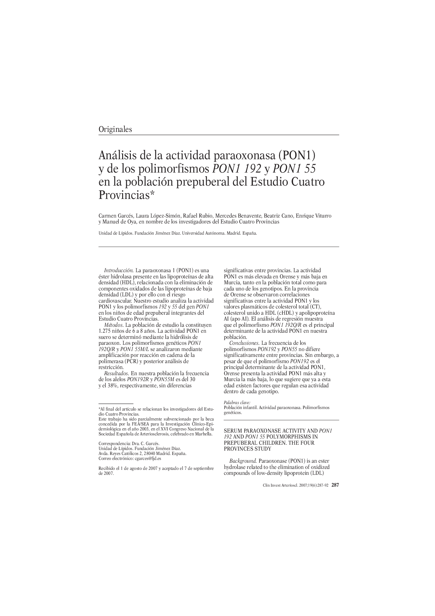 Análisis de la actividad paraoxonasa (PON1) y de los polimorfismos PON1 192 y PON1 55 en la población prepuberal del Estudio Cuatro Provincias