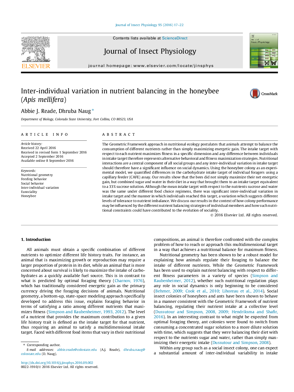 Inter-individual variation in nutrient balancing in the honeybee (Apis mellifera)